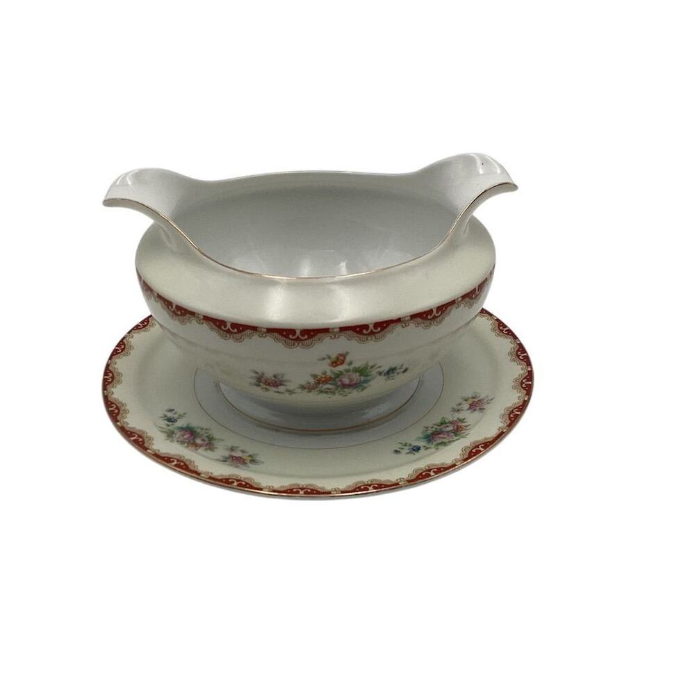 Vintage Rutland Pattern Porcelain Gravy Boat with Attached Under Plate‎